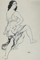 Portret tańczącej Isadory Duncan (pędzel i indyjski tusz na śladach grafitu, poprawiony białym kolorem ciała na drobnoziarnistym papierze o barwie złamanej bieli)